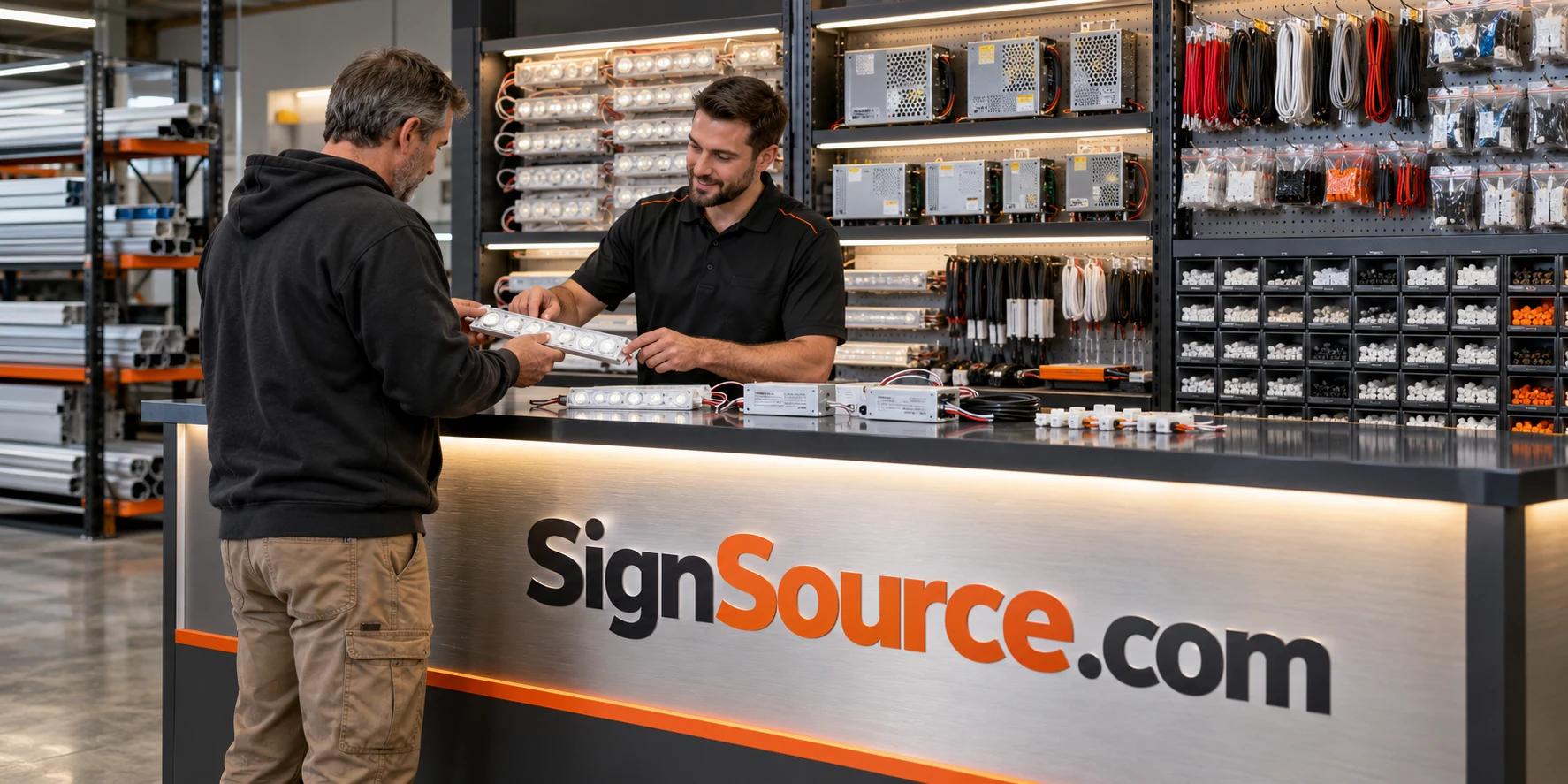 A parts counter illustrated through materials and work in the sign trade